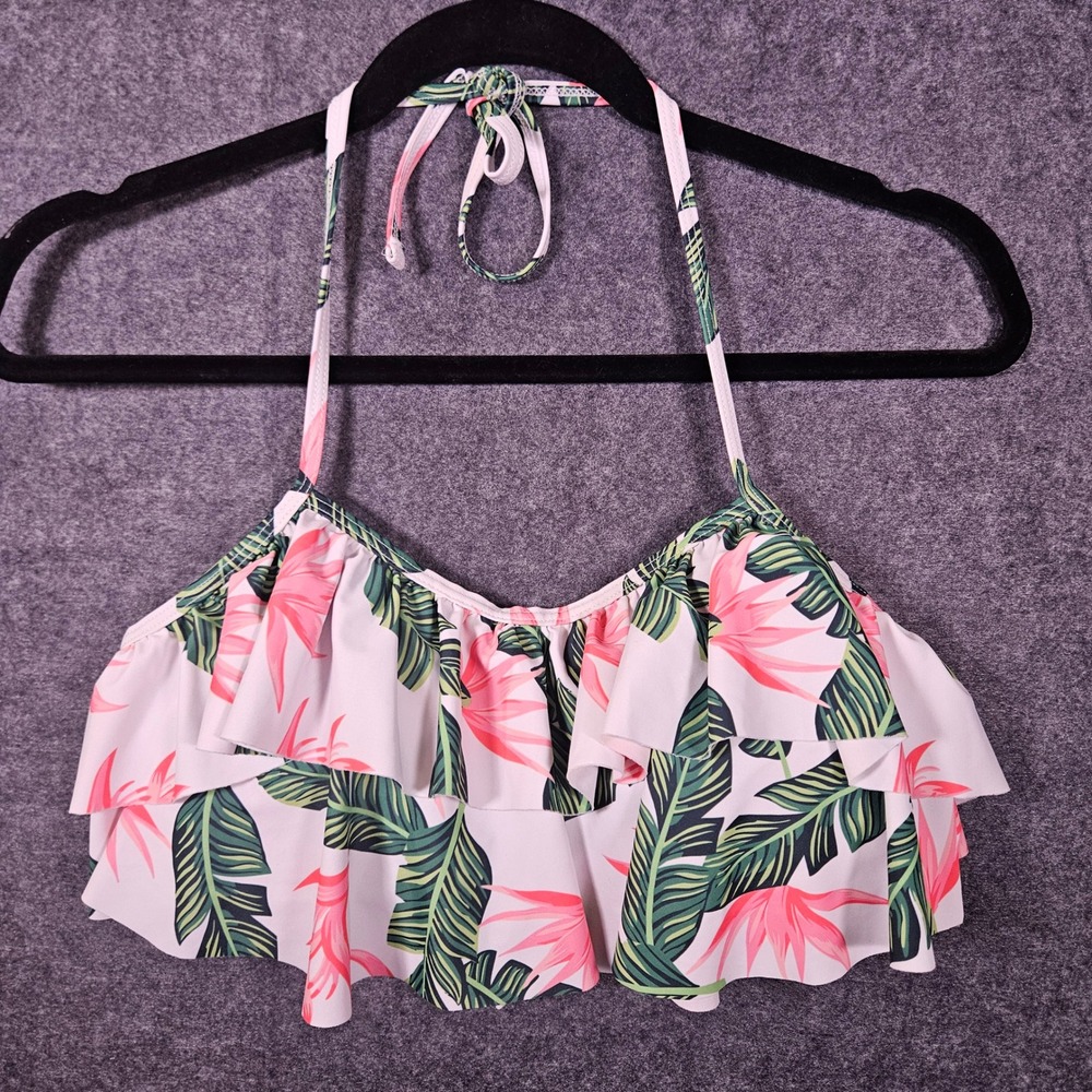Unbranded Women White Pink Tropical Floral Ruffle‎ Halter Bikini Swim Top L